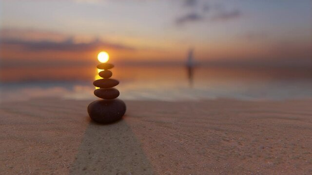 Sunset stones balance sea Zen garden Spiritual mind 4k