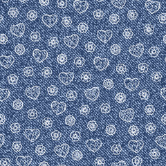 Vector Jeans background with hearts and flowers. Denim seamless pattern. Blue jeans cloth. Valentine background