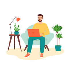 Happy smiling man sitting in the armchair with a laptop. The concept of remote work, home office, e-learning. Programming, freelancing, distance education. Isolated vector illustration