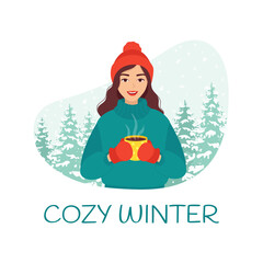 Young smiling woman in a warm sweater and hat holds a mug of tea in her hand against the background of a snowy forest. Concept of a cozy winter, travel in the cold season. Isolated vector illustration