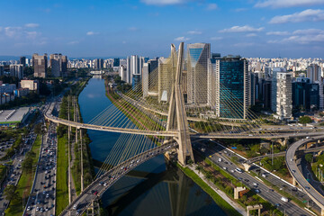 Fototapeta na wymiar Estaiada's bridge aerial view. São Paulo, Brazil. Business center. Financial Center. City landscape. Cable-stayed bridge of Sao Paulo. Downtown. City view. Aerial landscape,