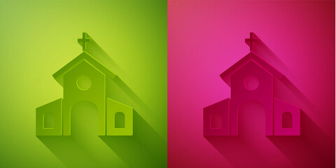 Paper cut Church building icon isolated on green and pink background. Christian Church. Religion of church. Paper art style. Vector.
