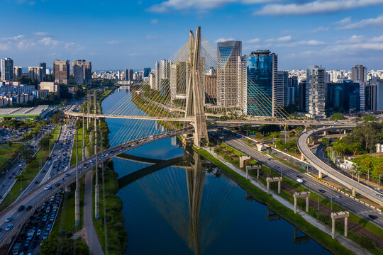 Estaiada's bridge aerial view. S&atilde;o Paulo, Brazil. Business center. Financial Center. City landscape. Cable-stayed bridge of Sao Paulo. Downtown. City view. Aerial landscape