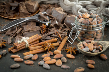 Pieces of dark chocolate and cocoa beans in composition on old background