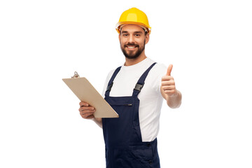 profession, construction and building - happy smiling male worker or builder in helmet with...