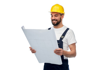 profession, construction and building - happy smiling male worker or builder in helmet with blueprint over white background