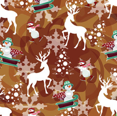 Illustration with snowman and deers on the orange background