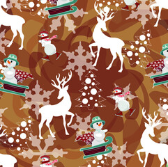 Naklejka premium Illustration with snowman and deers on the orange background
