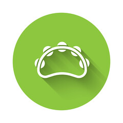 White Musical instrument percussion tambourine, with metal plates icon isolated with long shadow. Green circle button. Vector.