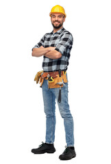 profession, construction and building - happy smiling male worker or builder in helmet with crossed...