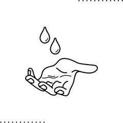 open palm and drops, hands disinfection vector icon in outlines