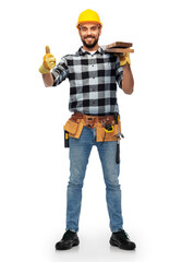 profession, construction and building - happy smiling male worker or builder in helmet with boards showing thumbs up over white background