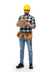 profession, construction and building - male worker or builder in helmet with clipboard over white background