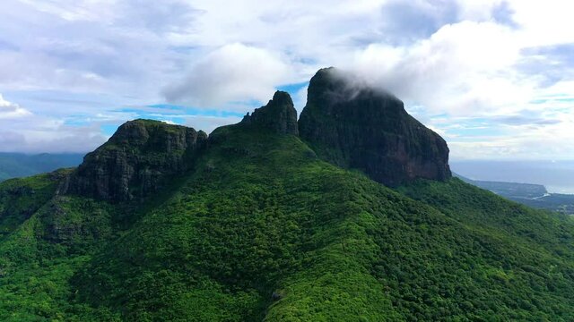 Aerial view, flight at the Mont du Rempart mountain, corps de grande,.Mont saint Pierre region Black River, behind the places Vacoas-Phoenix and Quatre Bornes, Mauritius, Africa