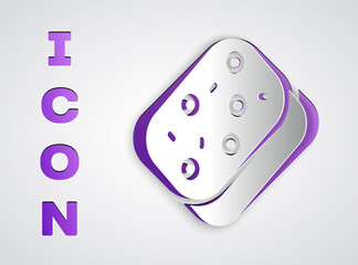 Paper cut Sponge with bubbles icon isolated on grey background. Wisp of bast for washing dishes. Cleaning service logo. Paper art style. Vector.