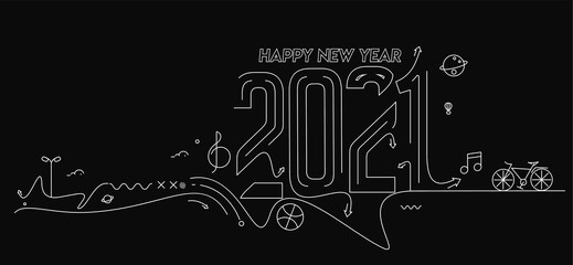 Happy New Year 2021 Text with travel world Design Patter, Vector illustration.