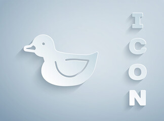 Paper cut Rubber duck icon isolated on grey background. Paper art style. Vector.