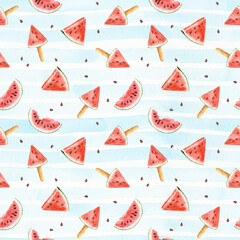 Seamless pattern with watercolor watermelon on striped blue background.