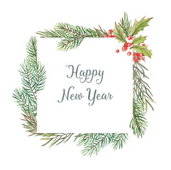 Fototapeta na wymiar Hand-drawn watercolor template for greeting Christmas card with holly leaves and berries isolated on the white background. Decorative ornamental frame. Happy New Year