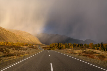road mountains autumn clouds rain