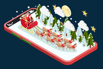Isometric Santa claus in red sleigh by reindeer on phone screen, Father christmas new year, Merry Christmas and Happy New Year.
