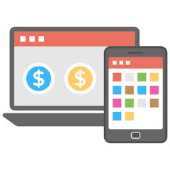 
Electric devices showing dollars depicting online banking devices, flat icon 
