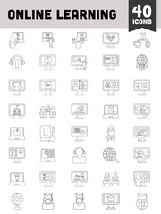 40 Online Learning Icon Set in Black Line art.