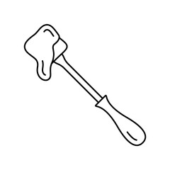 Fondue fork. Piece of food or bread with dripping cheese or chocolate sauce. Line art icon of tasty snack. Black simple illustration. Contour isolated vector pictogram, white background