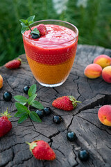 Blended Colorful Strawberry Apricot Sugar Free Smoothie with Chia Seeds and Mint