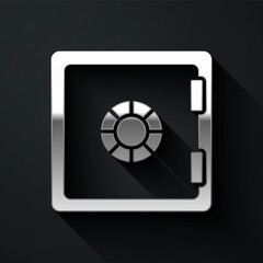 Silver Safe icon isolated on black background. The door safe a bank vault with a combination lock. Reliable Data Protection. Long shadow style. Vector.