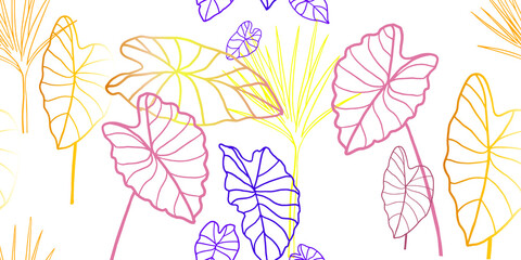 Exotic tropical leaves, seamless multicolored bright gold pattern on a white background, wrapping paper, fabric. Vector.