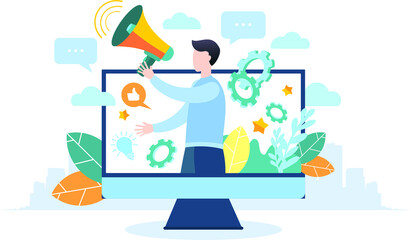Modern flat illustration. A man with a megaphone on TV. Advertising promotion. Drawing attention. The man speaks into a megaphone.