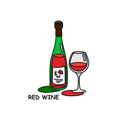 Red wine bottle and glass outline icon on white background. Colored cartoon sketch graphic design. Doodle style. Hand drawn image. Party drinks concept. Freehand drawing style