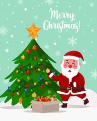 Greeting card. Santa is decorating the Christmas tree.