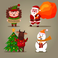 Set with New Year's characters. Santa, Bull, Hedgehog and Snowman. Vector illustration