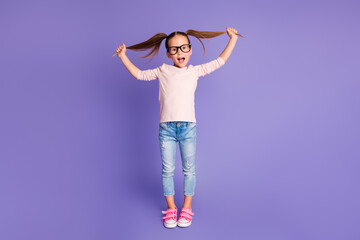 Full length photo of playful small girl hold hands pigtails wear spectacles sweatshirt isolated on violet color background