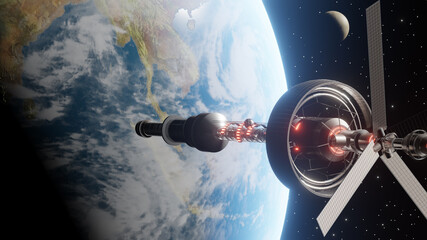 International scientific space station orbiting around planet earth. Floating spaceship in the univers, shuttle into atmosphere. Images from NASA. Rendered 3D illustration