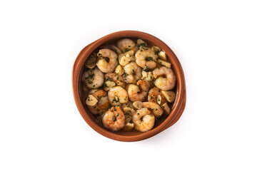 Garlic prawns in crock pot isolated on white background	