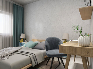 Modern design of the bedroom, there are large bed, dressing table and other facilities