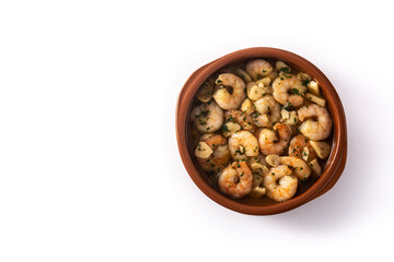 Garlic prawns in crock pot isolated on white background	. Top view. Copy space