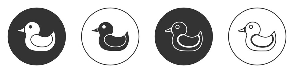 Black Rubber duck icon isolated on white background. Circle button. Vector.