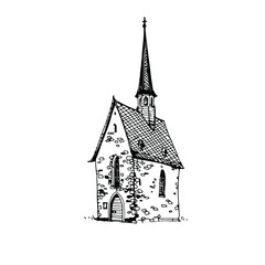 Cute old chapel exterior. Vintage European religious architecture, church building. Hand drawn doodle sketch, ink line art. Stock illustration on white background. Design for coloring book page.