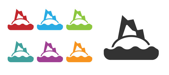 Black Tropical island in ocean icon isolated on white background. Landscape with ocean and palm trees. Travel. Set icons colorful. Vector.