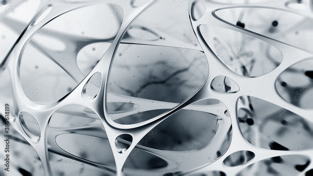 Aufkleber Communication and development. High resolution poster on high technology theme. Black and white abstract image of a neural network. 3D illustration of nanotechnological synthetic materials