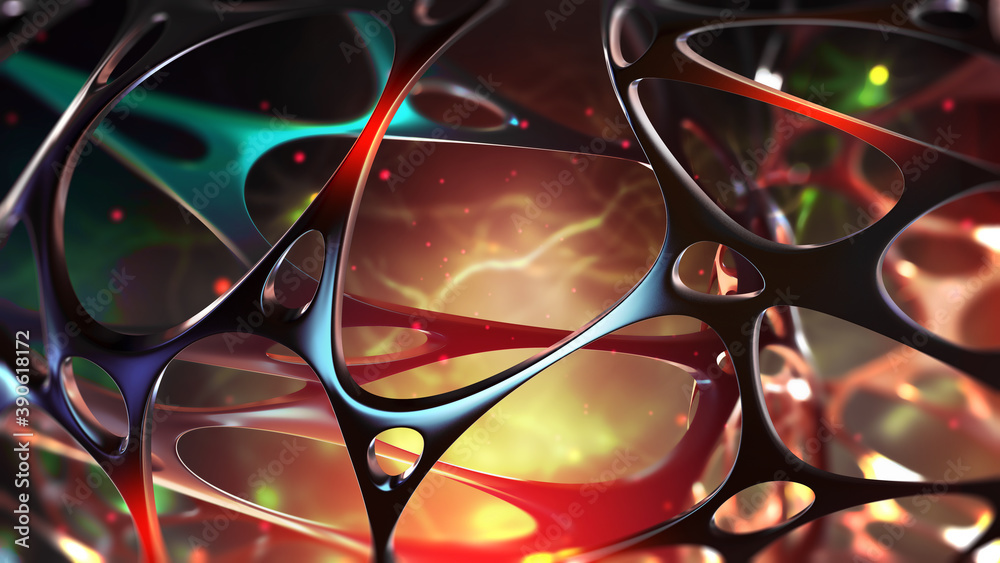 Poster Abstract sci-fi 3D illustration. Connected neurons, electrical impulses. Artificial deep neural network. Synthetic connective tissue structure. Computer intelligence and AI technologies
