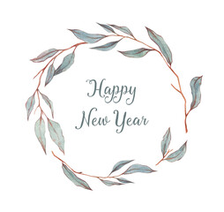 Hand-drawn watercolor template for greeting Christmas card with holly leaves and berries isolated on the white background. Decorative ornamental frame. Happy New Year