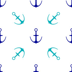 Blue Anchor icon isolated seamless pattern on white background. Vector.