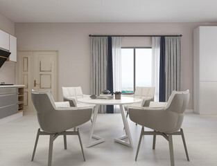 Clean and tidy dining room has wooden table and chair, very neat and clean