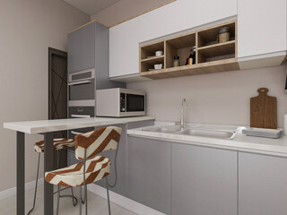Spacious and beautiful kitchen, there are kitchenware, stove, refrigerator and other equipment