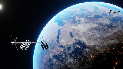 Space shuttle and space station orbiting realistic planet earth. International Space Station revolving over ocean and mainland. Exploration mission. Images from NASA. Rendered 3D illustration